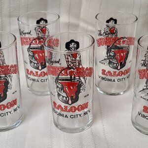 Six Vintage Original Bucket of Blood Saloon 4 1/2" Glasses - Virginia City, NV